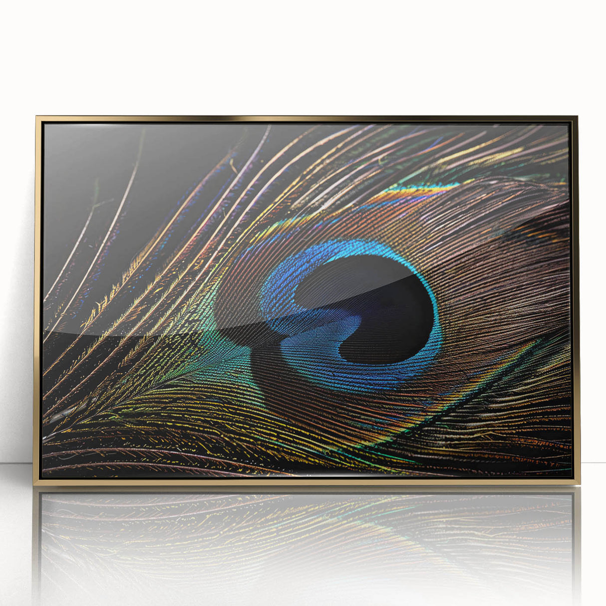 Framed wall art featuring a vibrant peacock design with gold accents, ideal for adding a touch of elegance to home decor. The acrylic front enhances colors and details.