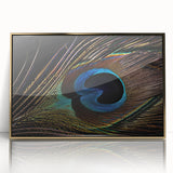 Framed wall art featuring a vibrant peacock design with gold accents, ideal for adding a touch of elegance to home decor. The acrylic front enhances colors and details.