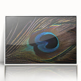Framed wall art featuring a vibrant peacock design on acrylic, showcasing intricate details and vivid colors, perfect for enhancing home decor aesthetics.
