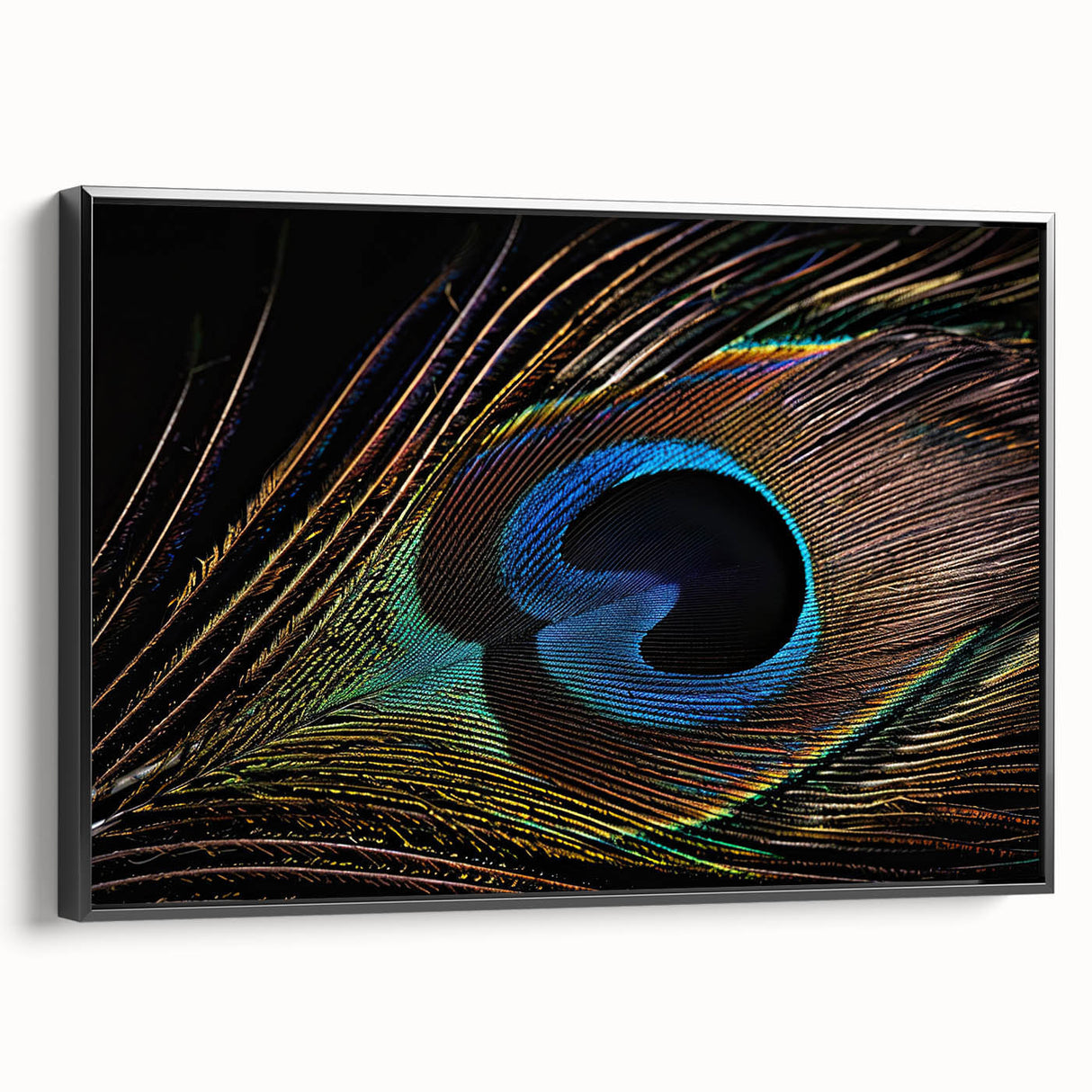 Framed canvas wall art featuring an intricate peacock design in vibrant colors, displayed in a sleek black frame, ideal for modern home decor.