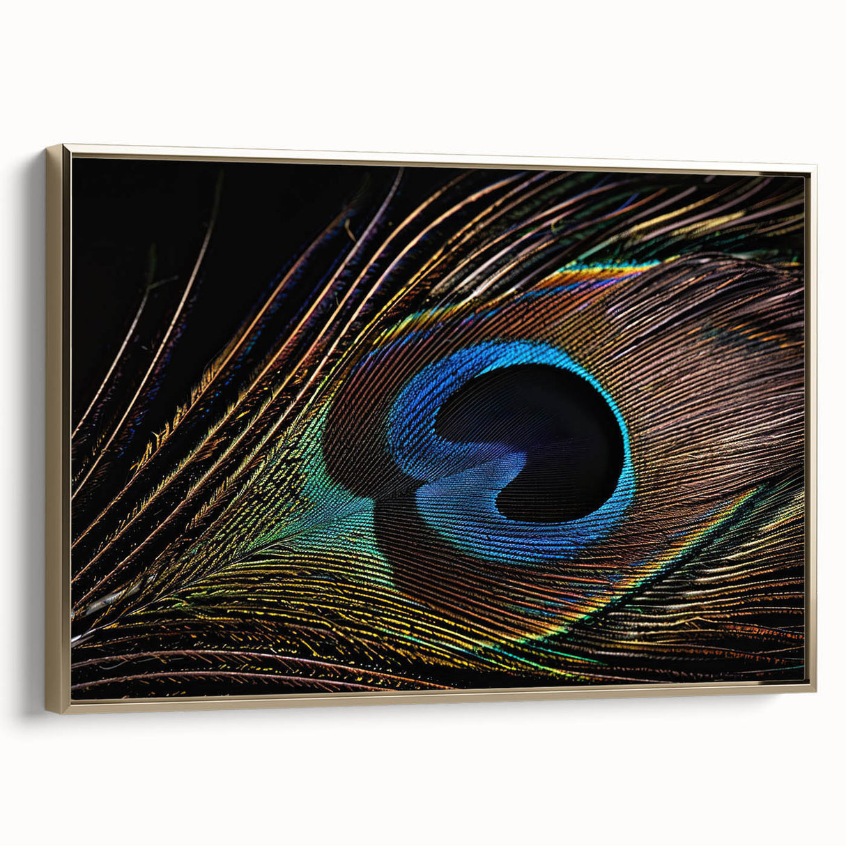 Framed wall art showcasing a vibrant peacock design on canvas, featuring rich gold accents and a sleek modern frame, perfect for enhancing home decor.