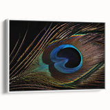 Framed canvas wall art showcasing an elegant peacock design with vibrant colors, set against a white background, ideal for enhancing modern home decor.