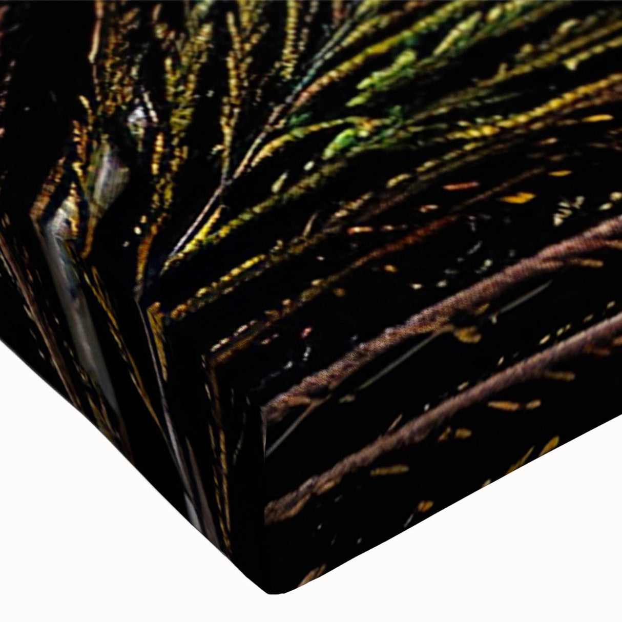 Close-up of a vibrant peacock design wall art piece on stretched canvas, showcasing intricate details and vivid colors, perfect for enhancing home decor.