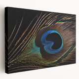 Vibrant peacock design wall art on stretched canvas, showcasing intricate details and rich colors, perfect for adding elegance to any room decor.