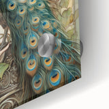 Close-up of a vibrant peacock design wall art piece, showcasing intricate details and vivid colors on acrylic glass, perfect for enhancing home decor.