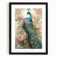 Framed wall art showcasing a vibrant peacock design, featuring intricate patterns in rich colors, set against a sleek black mat and frame, perfect for home decor.