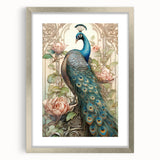 Elegant wall art featuring a peacock design in a silver frame, showcasing intricate details and vibrant colors, perfect for enhancing home decor and style.
