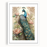 Peacock-themed wall art featuring vibrant colors and intricate feather details, elegantly framed with a white mat, ideal for enhancing modern home decor.