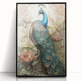 Framed wall art featuring a vibrant peacock design with intricate details and a black frame, showcasing colorful feathers and elegant patterns, ideal for home decor.
