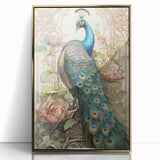 Framed wall art showcasing a vibrant peacock design in rich colors, featuring intricate details and a gold-accented frame, perfect for enhancing modern decor.