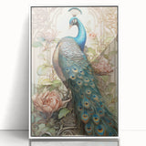Framed wall art featuring a vibrant peacock design with intricate details in blue and green colors, set in a sleek white frame, ideal for home decor.
