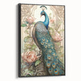 Framed canvas wall art showcasing an intricate peacock design with vibrant colors, displayed in a sleek black frame, ideal for enhancing modern decor.