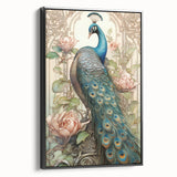 Framed canvas wall art showcasing an intricate peacock design with vibrant colors, displayed in a sleek black frame, ideal for enhancing modern decor.