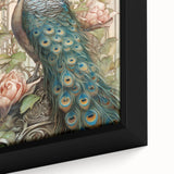 Close-up of a vibrant peacock-themed wall art design on framed canvas, showcasing intricate details and vivid colors, perfect for enhancing home decor.