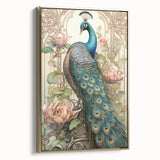 Framed canvas wall art showcasing an elegant peacock design in vibrant blue and gold hues, perfect for enhancing any interior decor with a touch of opulence.