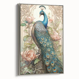 Framed canvas wall art showcasing a vibrant peacock design with intricate details, set against a silver frame, ideal for enhancing modern home decor.