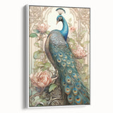 Framed canvas wall art showcasing a vibrant peacock design, elegantly displayed against a white background, ideal for enhancing home decor aesthetics.