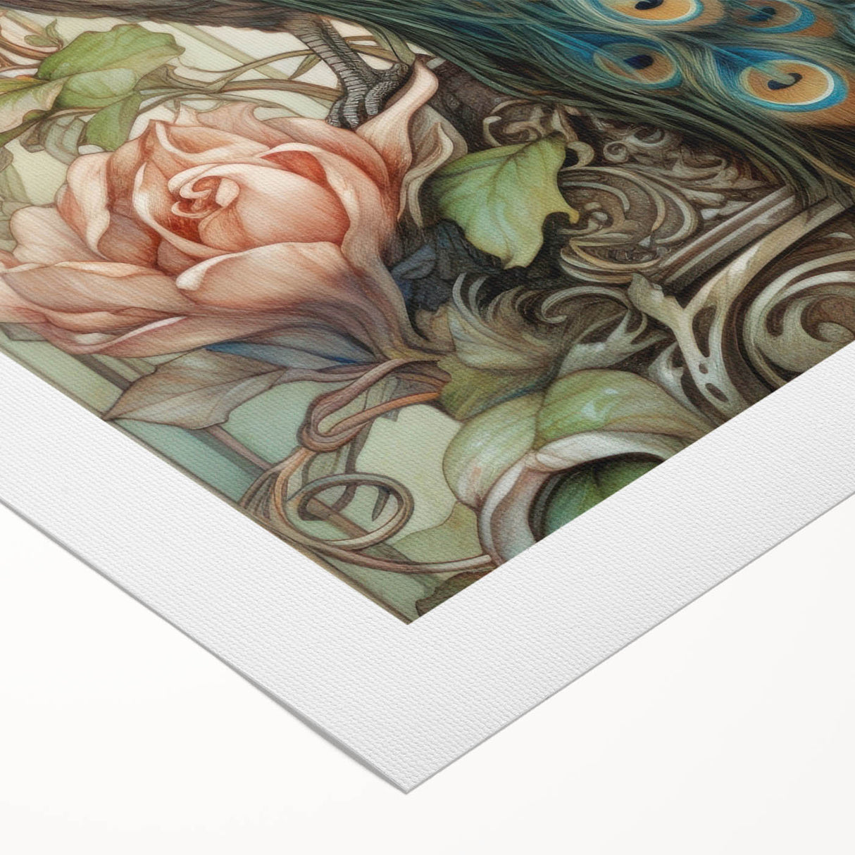 Vibrant peacock design wall art printed on rolled canvas, showcasing intricate details and rich colors, ideal for enhancing home decor and artistic spaces.
