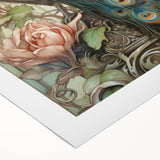 Vibrant peacock design wall art printed on rolled canvas, showcasing intricate details and rich colors, ideal for enhancing home decor and artistic spaces.