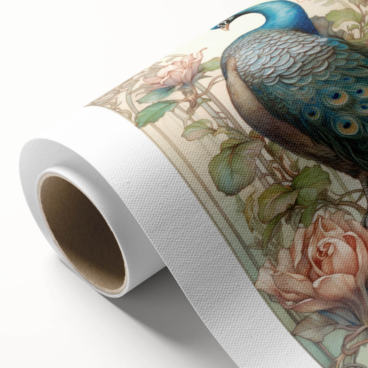 Peacock design wall art on rolled canvas, showcasing vibrant blue and green feathers with intricate details, perfect for adding a touch of elegance to any room.