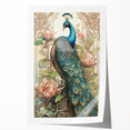 Vibrant peacock design wall art print showcasing intricate feather patterns in rich blues and greens, rolled for easy display and shipping.