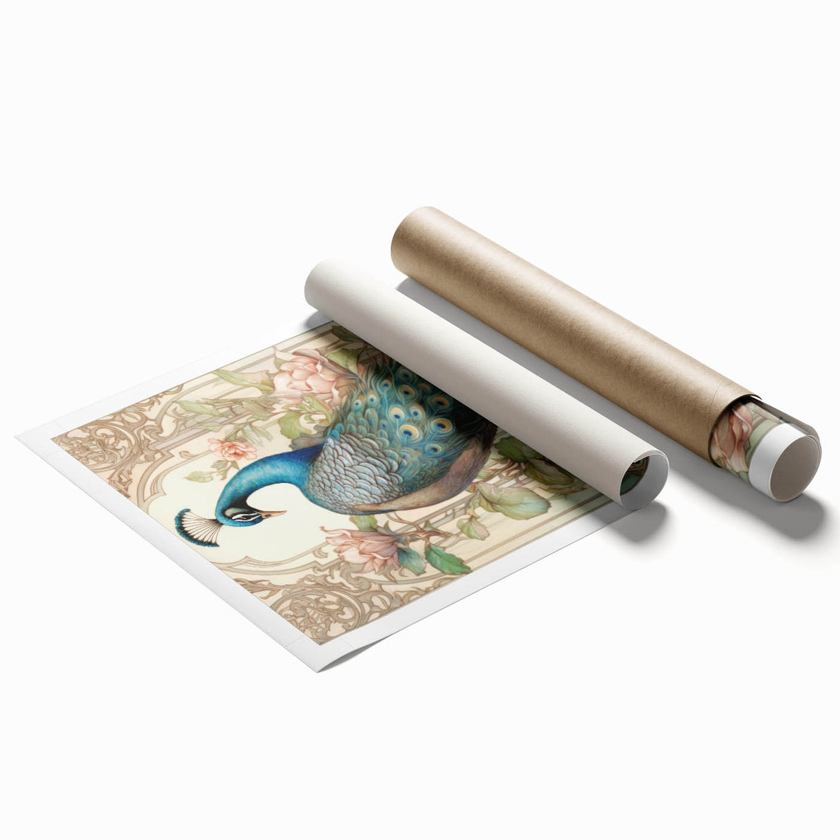 Vibrant peacock design wall art print showcasing intricate feather details in rich blues and greens, elegantly rolled for easy display and shipping.
