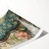 Peacock design wall art print featuring vibrant blue and green feathers, elegantly rolled for easy display. Ideal for enhancing home decor with a touch of nature.