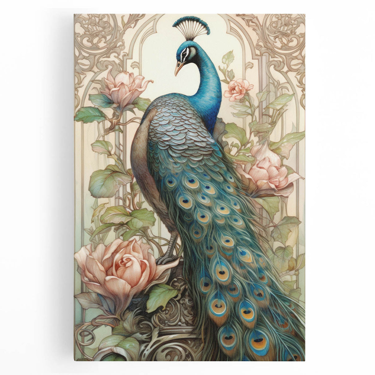 Vibrant peacock design wall art on stretched canvas, showcasing intricate details and rich colors, ideal for enhancing home decor with a touch of elegance.