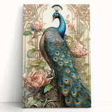 Vibrant peacock design wall art on stretched canvas, showcasing intricate details and rich colors, perfect for enhancing modern home decor.