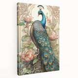 Vibrant peacock design stretched canvas wall art showcasing intricate feather details in shades of blue and green, perfect for adding elegance to any room.