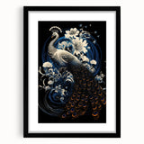 Framed wall art featuring an intricately designed peacock, showcasing vibrant colors and detailed patterns, ideal for adding elegance to living spaces.
