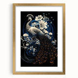 Peacock design wall art framed in gold with a mat border, showcasing vibrant colors and intricate details, perfect for enhancing home decor elegance.