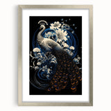 Elegant peacock-themed wall art in a silver frame, showcasing vibrant colors and intricate detailing, perfect for enhancing home decor and artistic expression.