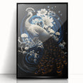 Framed wall art featuring a vibrant peacock design in rich colors, set against a sleek black frame, perfect for adding elegance to any decor.