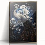Framed acrylic wall art featuring a vibrant peacock design with gold accents, showcasing intricate details and colors suitable for elegant home decor.