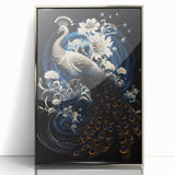 Framed wall art featuring a stunning peacock design, showcasing vibrant colors and intricate details, with a sleek silver frame, perfect for home decor or art enthusiasts.