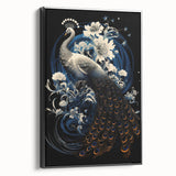 Framed canvas wall art showcasing a vibrant peacock design in rich blue and green hues, set against a sleek black frame, perfect for modern home decor.