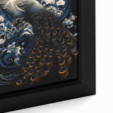 Close-up of a beautifully framed canvas wall art piece showcasing a vibrant peacock design with intricate feather details, perfect for adding elegance to home decor.