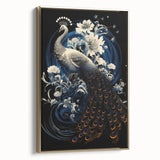 Framed canvas wall art featuring a vibrant peacock design with gold accents, showcasing intricate details and a side view perspective, perfect for home decor.