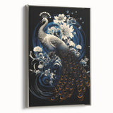 Framed wall art featuring a vibrant peacock design in intricate colors, set against a textured silver background, ideal for adding elegance to home decor.