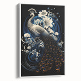 Framed wall art featuring a vibrant peacock design on a textured canvas, showcasing intricate details and rich colors, ideal for enhancing modern home decor.