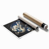 Vibrant peacock design wall art print showcasing intricate feathers in rich blues and greens, rolled and ready for elegant home decor display. Perfect for adding a touch of exotic elegance to any room.