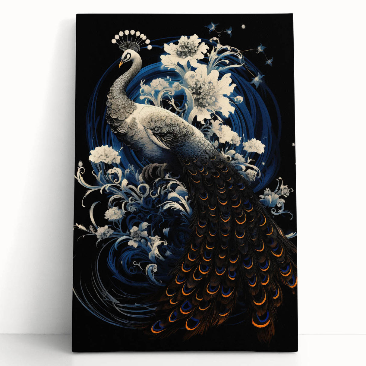 Vibrant stretched canvas wall art featuring a peacock design in rich colors, ideal for adding a touch of elegance to home decor. Perfect for nature enthusiasts.
