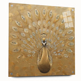 Close-up of an elegant peacock design acrylic wall art piece, showcasing vibrant colors and intricate details, displayed from the side with mounting pins.