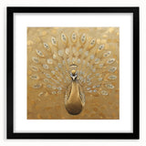 Framed wall art showcasing an elegant peacock design in vibrant colors, featuring a black frame and mat, perfect for enhancing home decor.