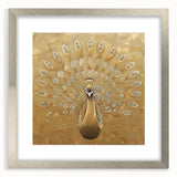 Elegant peacock design wall art framed with a silver mat, showcasing vibrant colors and intricate details, perfect for enhancing home decor with a touch of luxury.