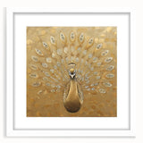 Peacock design wall art framed in white, showcasing vibrant blue and green feathers with intricate details, perfect for home décor or gallery display.