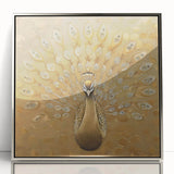 Framed wall art featuring an elegant peacock design with vibrant colors and intricate details, set in a sleek silver frame, ideal for enhancing modern decor.