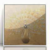 Framed wall art showcasing an elegant peacock design in vibrant colors, set against a white background, ideal for enhancing modern interior decor.