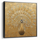 Framed wall art featuring a vibrant peacock design on a textured canvas, showcasing rich colors and intricate details. The artwork is presented in a sleek black frame, enhancing its elegance and making it a striking addition to any contemporary decor. Perfect for bird lovers and art enthusiasts seeking to elevate their living space.